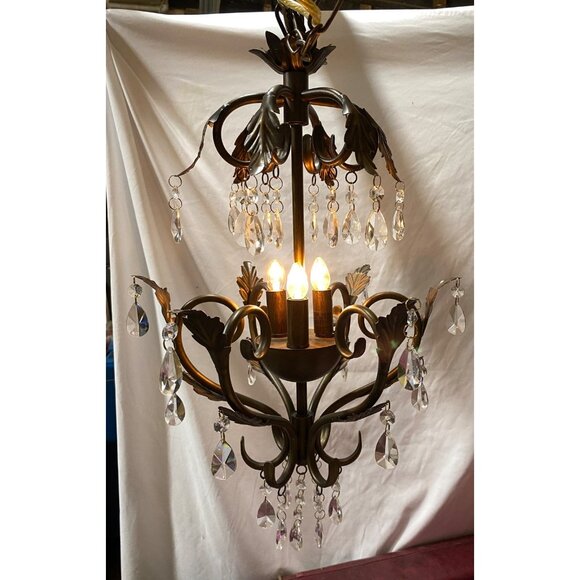 Chandelier 3 Light Antique Rubbed Brass Leaf Scroll 31 2-Tier Prism Crystals - Picture 15 of 16
